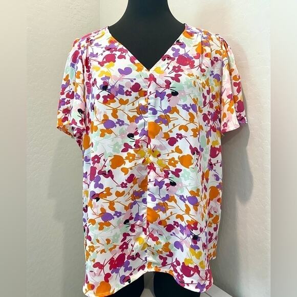 W5 | Colorful Floral Blouse Short Sleeve V-Neck Top | Size XL - Picture 2 of 7